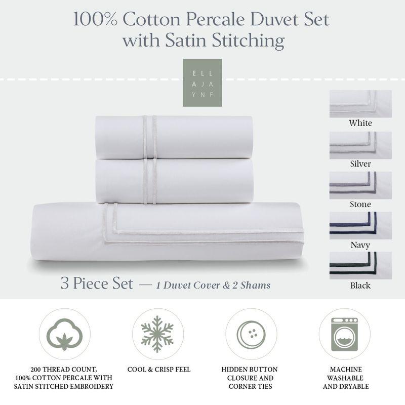 Elegant White Cotton Percale Full/Queen Duvet Set with Satin Stitching