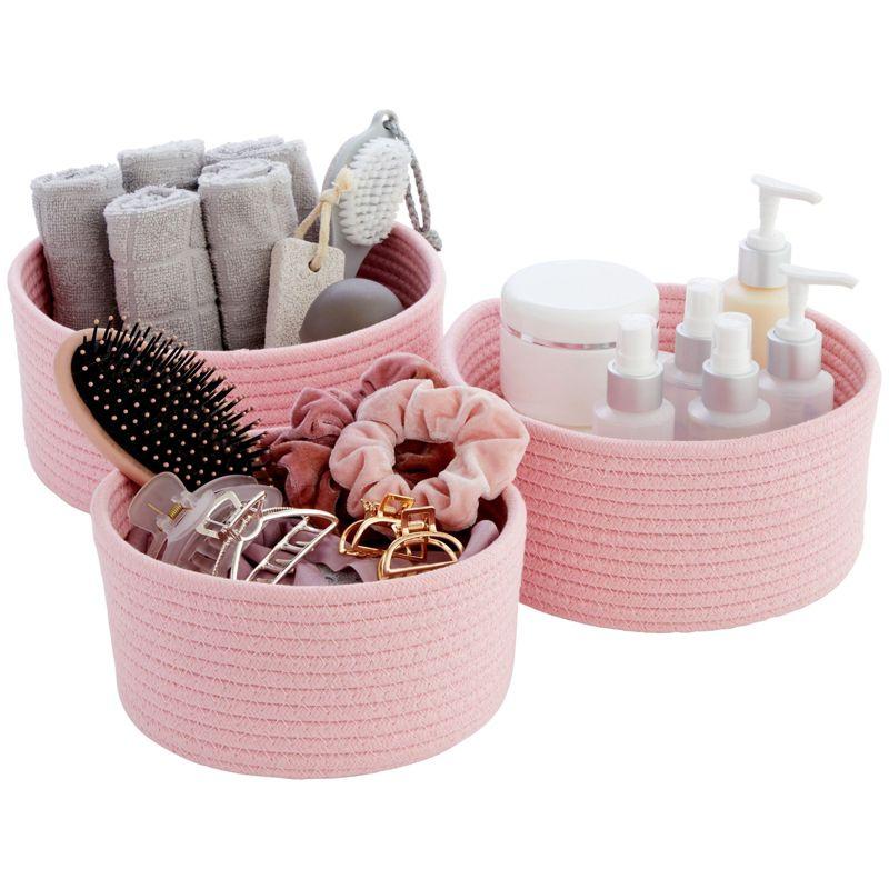 Farmlyn Creek 3-Pack Cotton Woven Baskets for Storage, Pink Rope Montessori Organizer Set for Storing Supplies ( 3 Sizes in Small, Medium and Large)