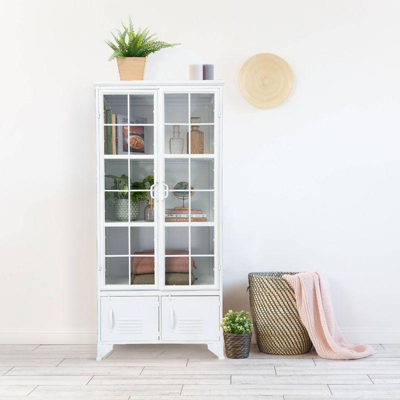 Storied Home Rustic 57.5" Tall Decorative Storage Cabinet White: Iron Frame, 3 Fixed Shelves, 4 Doors