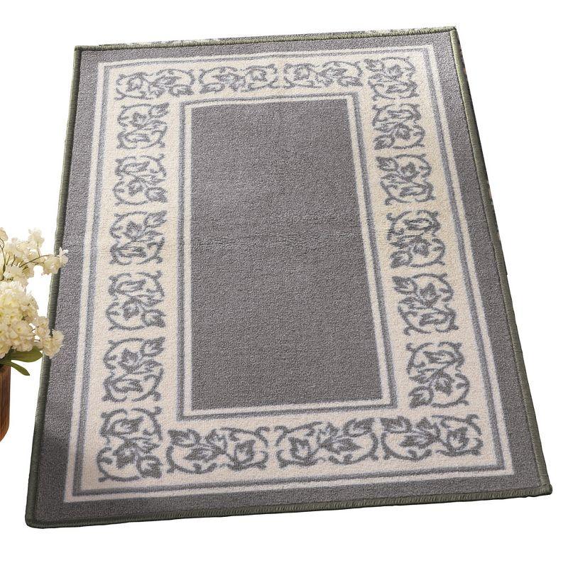 Gray Floral Border Non-Slip Washable Accent Rug