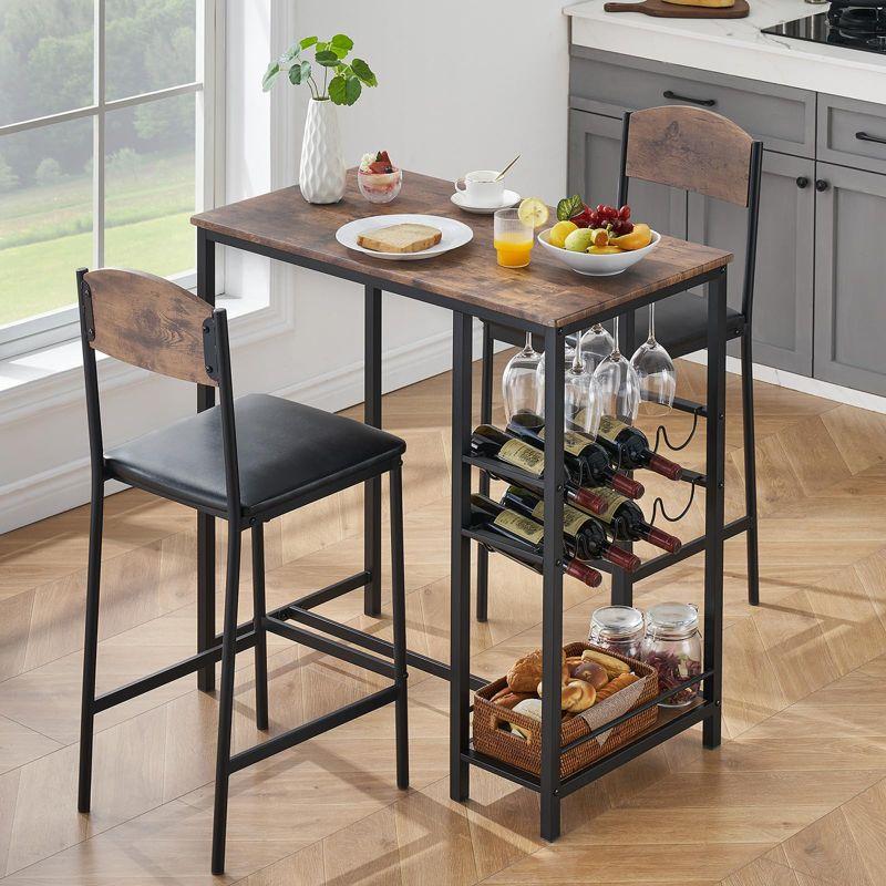 Whizmax Bar Table Set for 2 with Footrest, Kitchen Dining Table with 2 Upholstered Chairs, Small Space Counter Height Barstools for Counter Bar, Brown