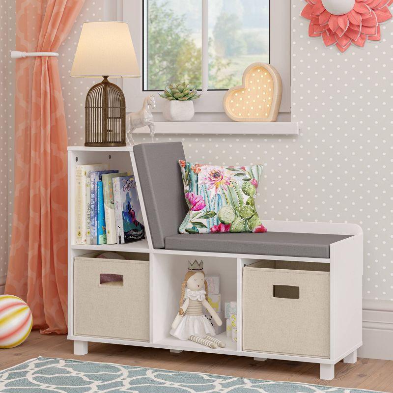 RiverRidge Kids Reading Book Nook Cushioned Toy Storage Bench with Cubby Organizers and 2 Fabric Bins- White