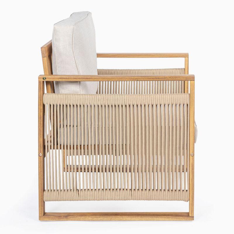 Gable Mid-Century Modern Roped Acacia Wood Outdoor Patio Chair with Cushions, Beige/Light Teak (Set of 2) - JONATHAN Y