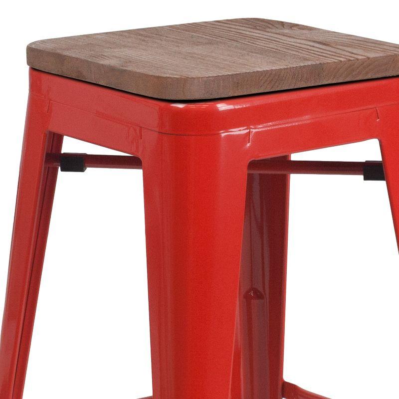 24" Red Metal & Brown Wood Backless Counter Stool