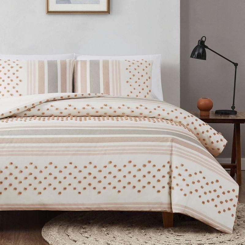 3pc King Mia Tufted Texture Neutral Duvet Cover Set Tan - Brooklyn Loom: 300 Thread Count, Polyester, Button Closure
