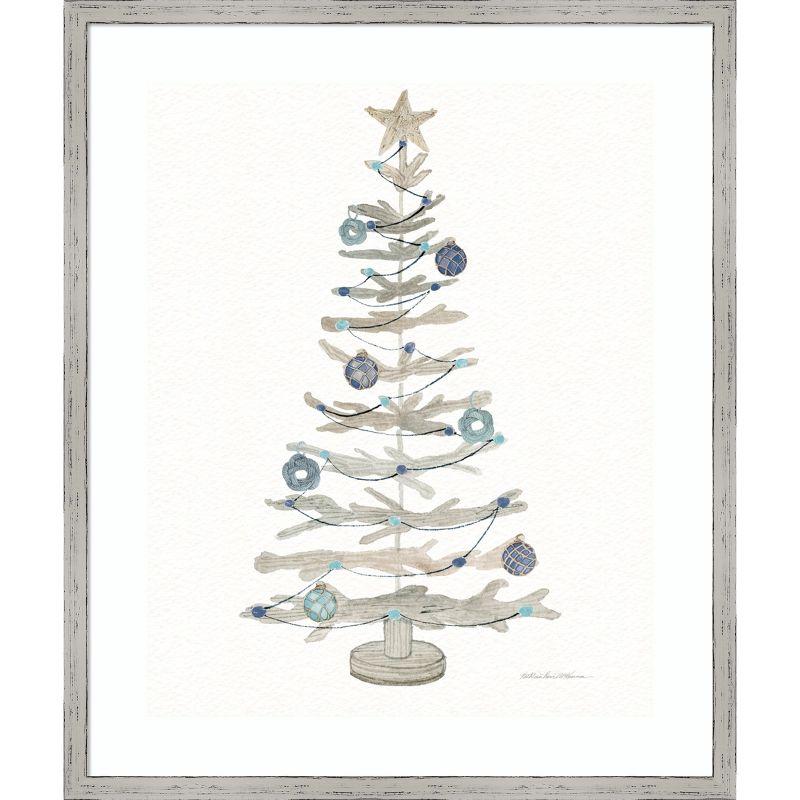 Coastal Holiday Tree Watercolor Framed Wall Art, 21x25, White Wood Frame