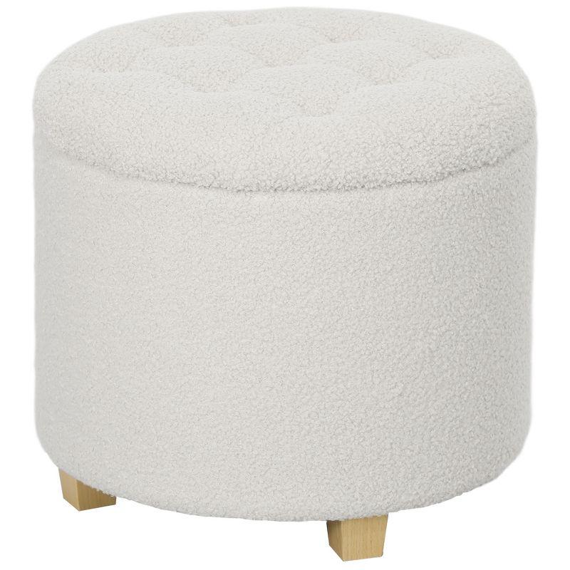 HOMCOM 18" Round Ottoman with Storage, Teddy Fleece Button Tufted Bedroom Stool with Removable Lid and Wood Legs for Living Room, Hallway, White