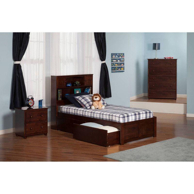 Newport Walnut Twin Platform Bed with Bookcase Headboard and Storage Drawers