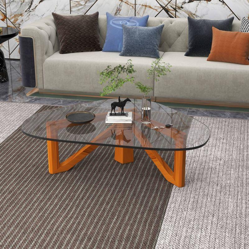 LeisureMod Imperial Collection Triangular Glass Top Coffee Table with Glossy Ash Wood Base for Home, Living Room, Office