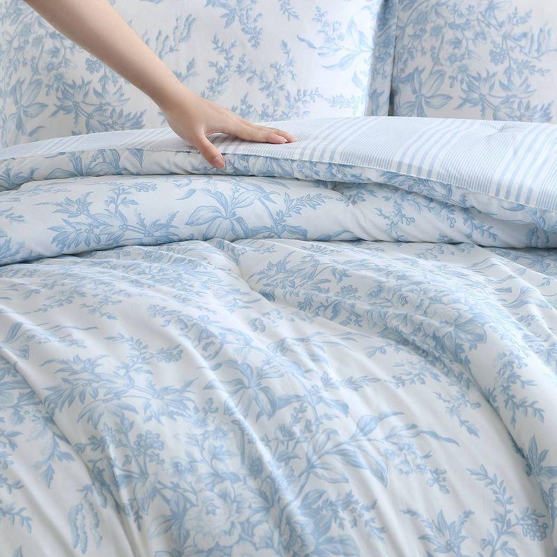 Laura Ashley 3pc King Bedford Comforter Bedding Set Blue: Cotton Reversible, OEKO-TEX Certified, Floral Design