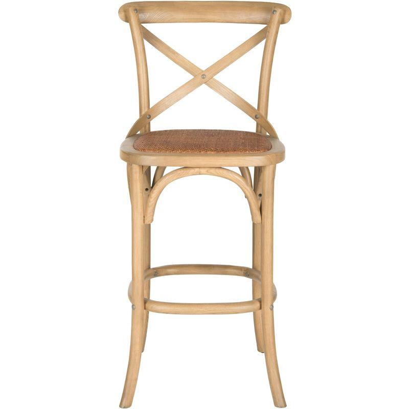 Transitional Weathered Oak Cross-Back Bar Stool with Rattan Seat