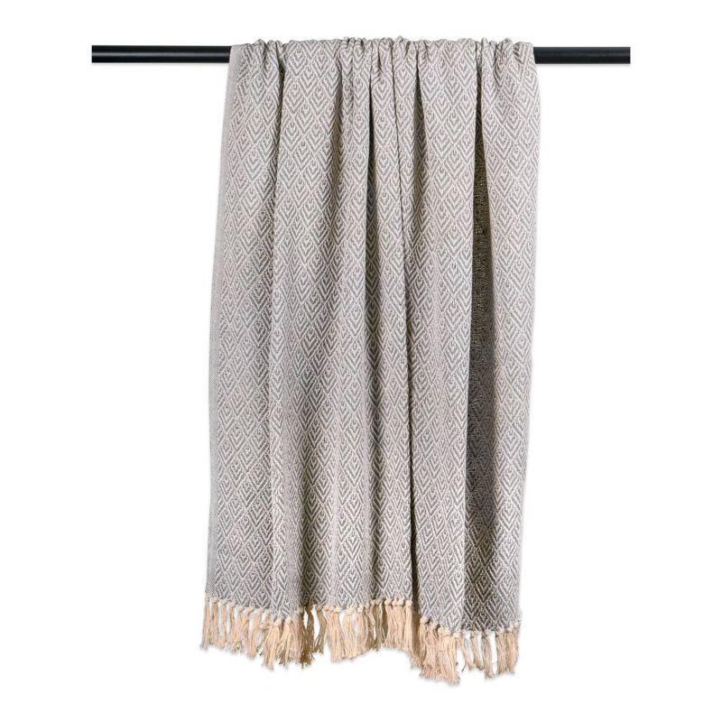 Gray and Ivory Cotton Diamond Throw Blanket with Fringe