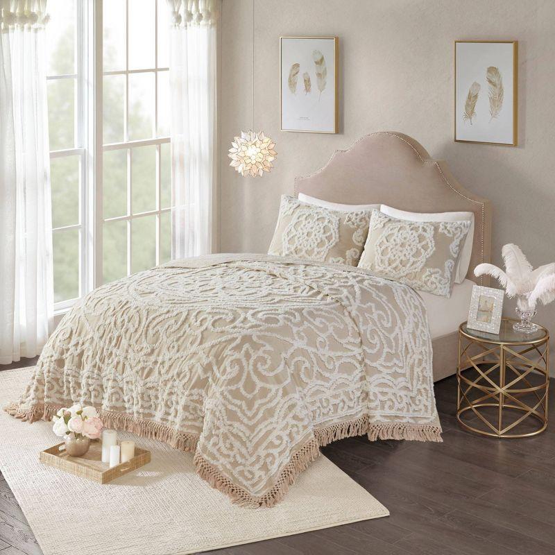 Laetitia Tufted Chenille Cotton Medallion Fringe Coverlet Set