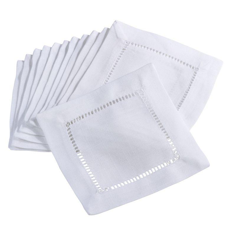 Saro Lifestyle Cocktail Napkin With Hemstitch Border Design (Set of 12), 6"x6", White