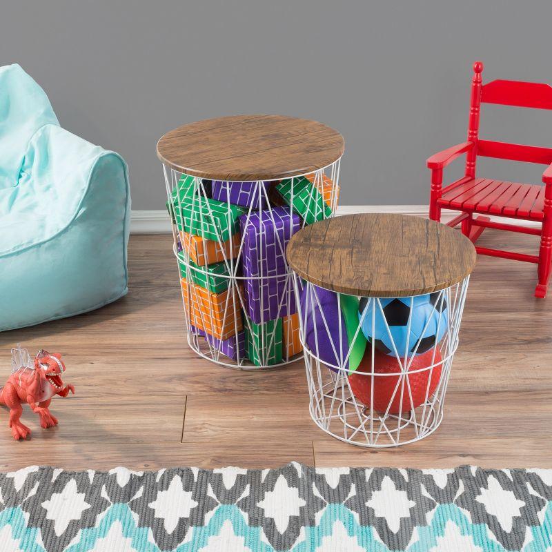 Round Wood and Metal Nesting Side Tables with Storage