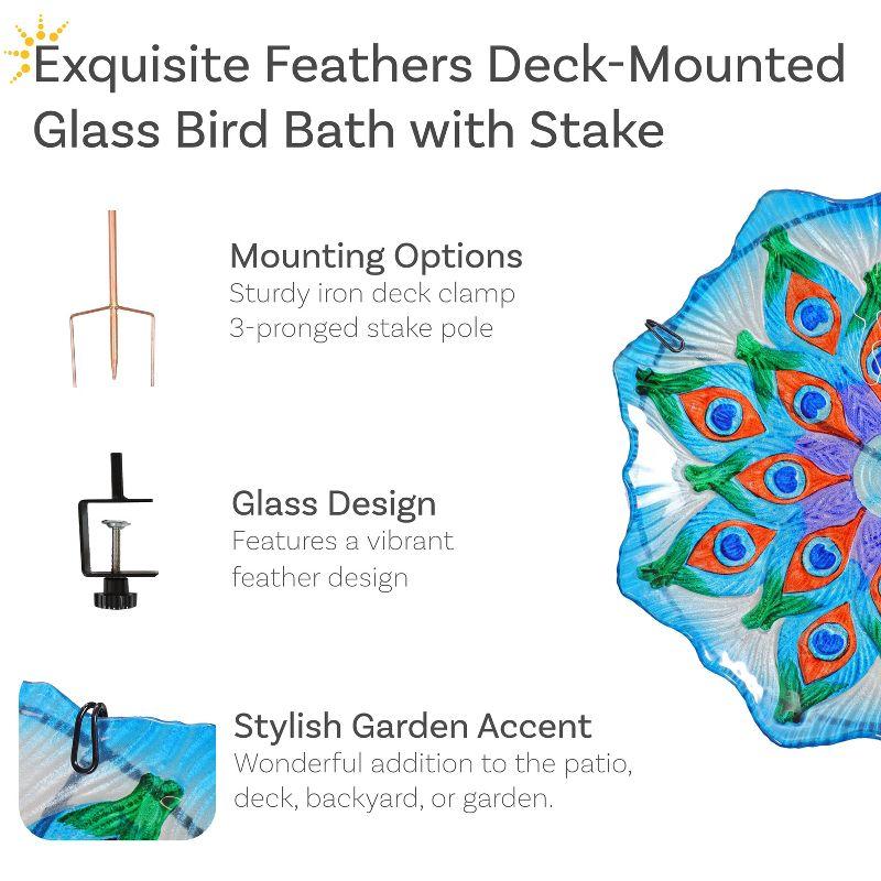 Sunnydaze Exquisite Feathers Deck-Mounted/Staked Glass Bird Bath - 11” Diameter - Turquoise