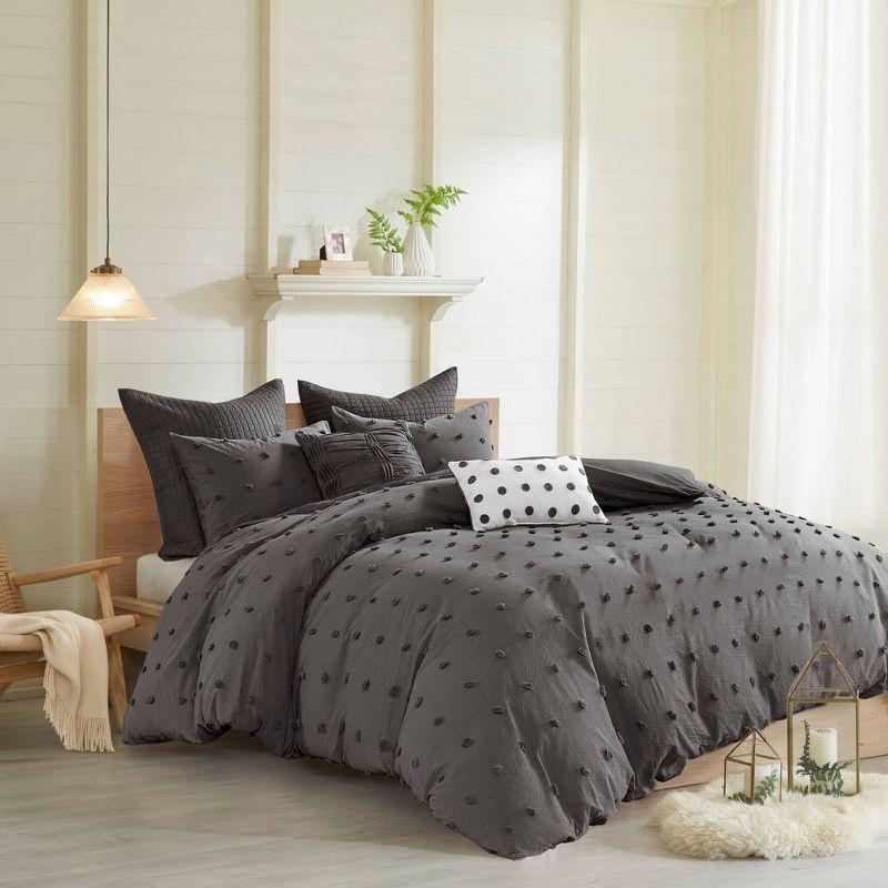 5pc Twin/Twin Extra Long Urban Habitat Kay Cotton Jacquard Duvet Cover Set Charcoal: Includes Shams & Decorative Pillows