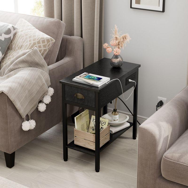 Black MDF End Table with Storage and Charging Station