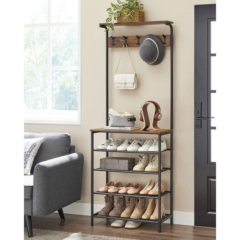 Rustic Brown and Black Industrial Hall Tree with 5-Tier Shoe Rack