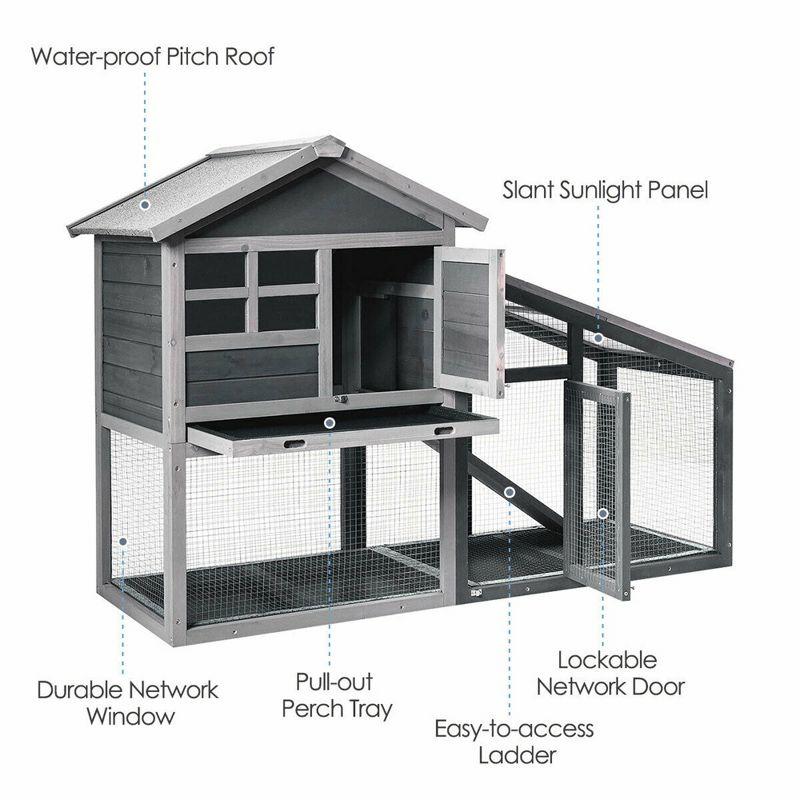 Tangkula Rabbit Hutch Indoor Outdoor Wooden Chicken Coop Bunny Hutch with Run Ventilation Door Removable Tray Ramp Sunlight Panel