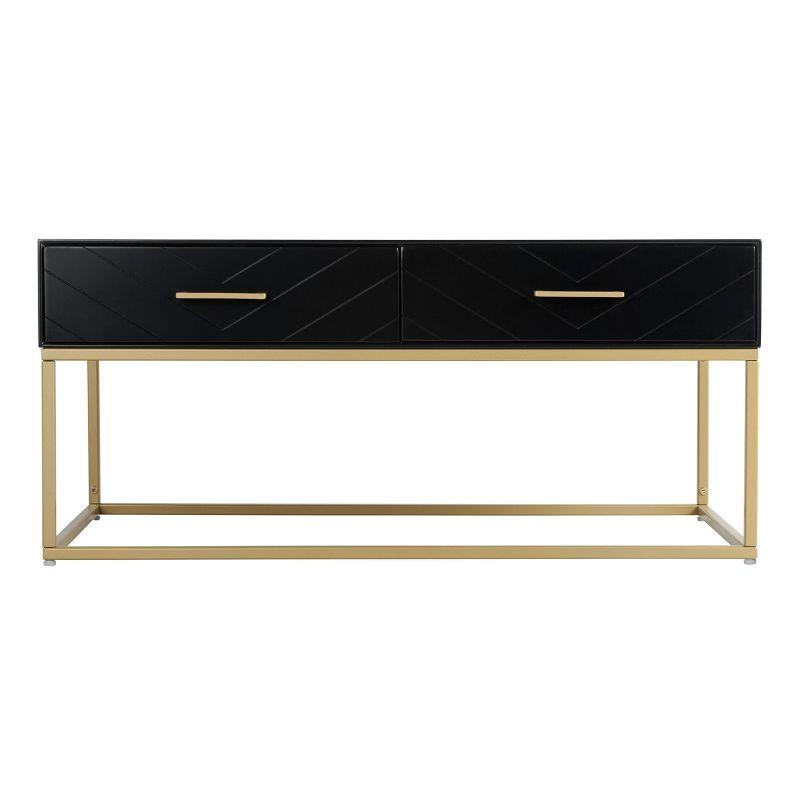 Tommy Hilfiger Ellias Modern Coffee Table with Two Drawers, Glossy Black Top, Golden Metal Frame