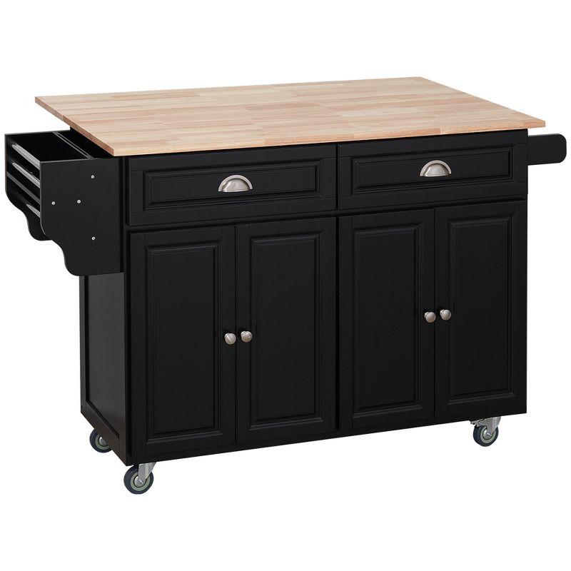 Expandable Black Butcher Block Kitchen Cart with Spice Rack and Storage