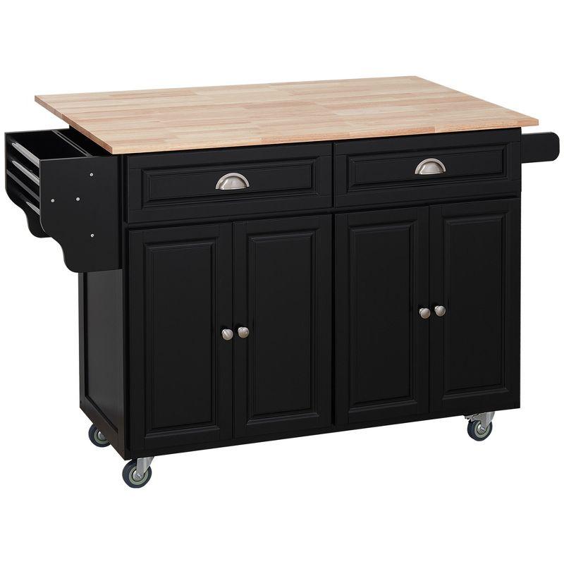 HOMCOM Rolling Kitchen Island Drop Leaf, Kitchen Cart on Wheels, Solid Wood Top Breakfast Nook with Storage Drawers, Cabinets and Spice Rack, Black