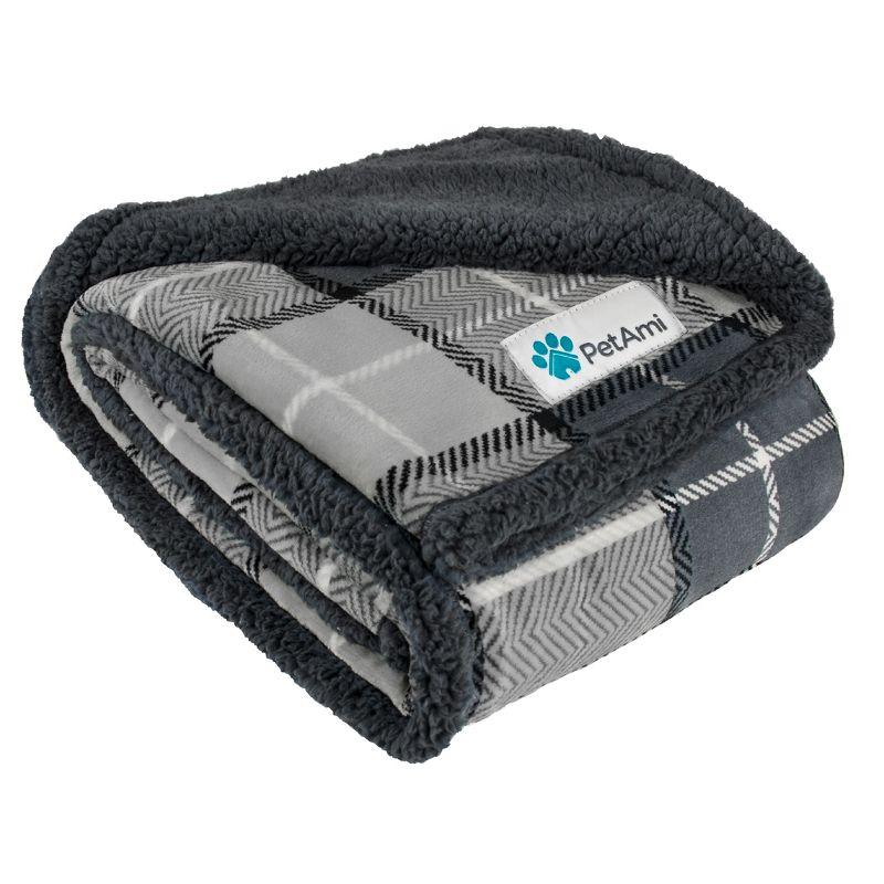 Large Gray Plaid Sherpa Waterproof Pet Blanket