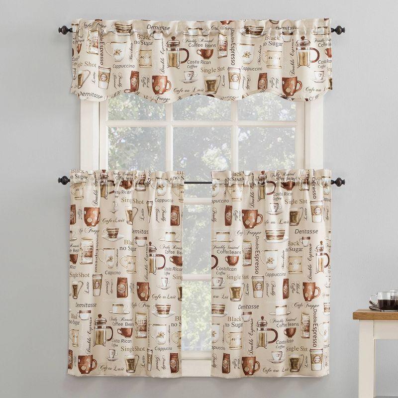 Ivory Coffee Shop Print Semi-Sheer Rod Pocket Kitchen Curtain Set