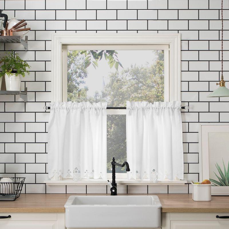 14"x58" Mariela Floral Trim Semi-Sheer Rod Pocket Kitchen Window Valance and Tiers Set White - No. 918: Light Filtering Kitchen Curtains Set