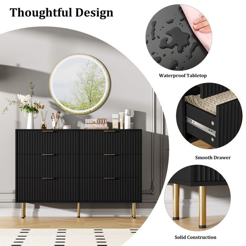 Garvee Fluted Wood Dresser 6 Drawers Dresser for Bedroom, Large Modern Chest of Drawers, Black Dresser with Gold Handle,for Living Room, Hallway