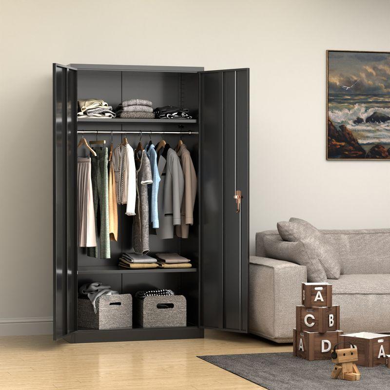 AOBABO Large Metal Wardrobe Style Storage Cabinet with 3 Adjustable Shelves, Cloth Rail, and Lockable Doors for Home Organization