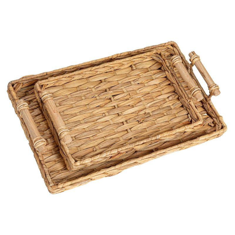 Natural Water Hyacinth Rectangular Tray Set with Wood Handles