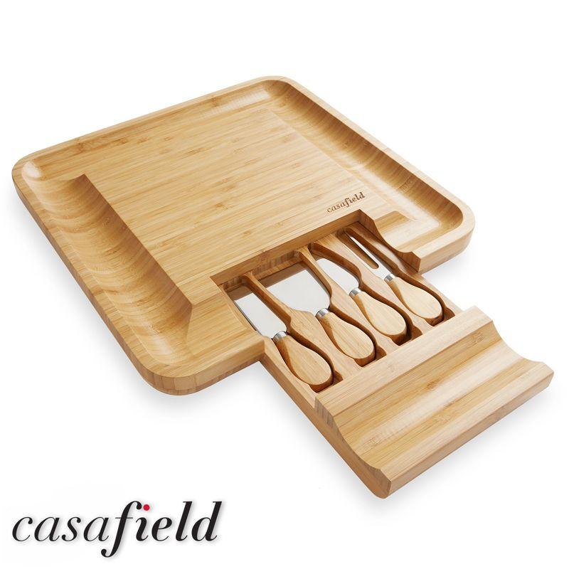 Casafield Bamboo Cheese Cutting Board & 4pc Knife Gift Set - Wooden Charcuterie Serving Tray for Cheese, Meat, Fruit & Crackers