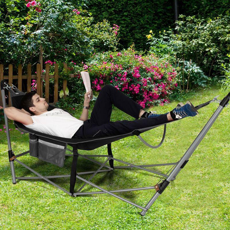 Costway Folding Hammock Indoor & Outdoor Hammock with Side Pocket & Iron Stand Black