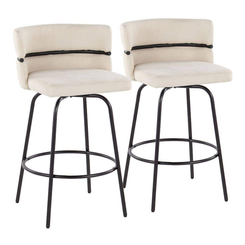 LumiSource Set of 2 Cinch-Claire Counter Height Barstools Black/Cream: Upholstered Swivel Seats, Metal Frame