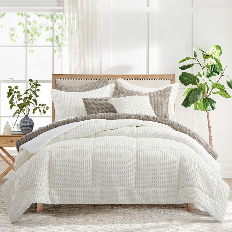 Cream Twin Cotton Waffle Weave Comforter Set with Shams