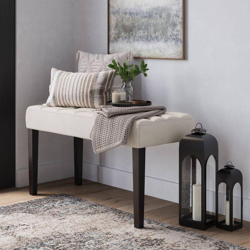 White Leatherette Tufted Ottoman with Dark Espresso Legs