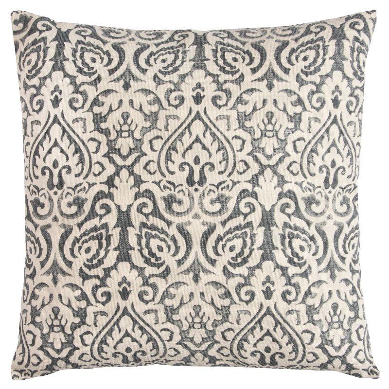 22" Gray and White Cotton Damask Square Throw Pillow