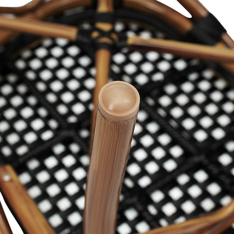 Emma & Oliver Soie Indoor/Outdoor Stacking Thonet Bistro Style Chair with Arms, Black & White PE Rattan Seat and Natural Bamboo Finished Metal Frame