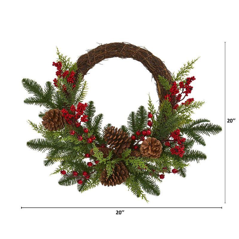 22" Mixed Pine and Cedar Artificial Christmas Wreath with Berries and Pine Cones