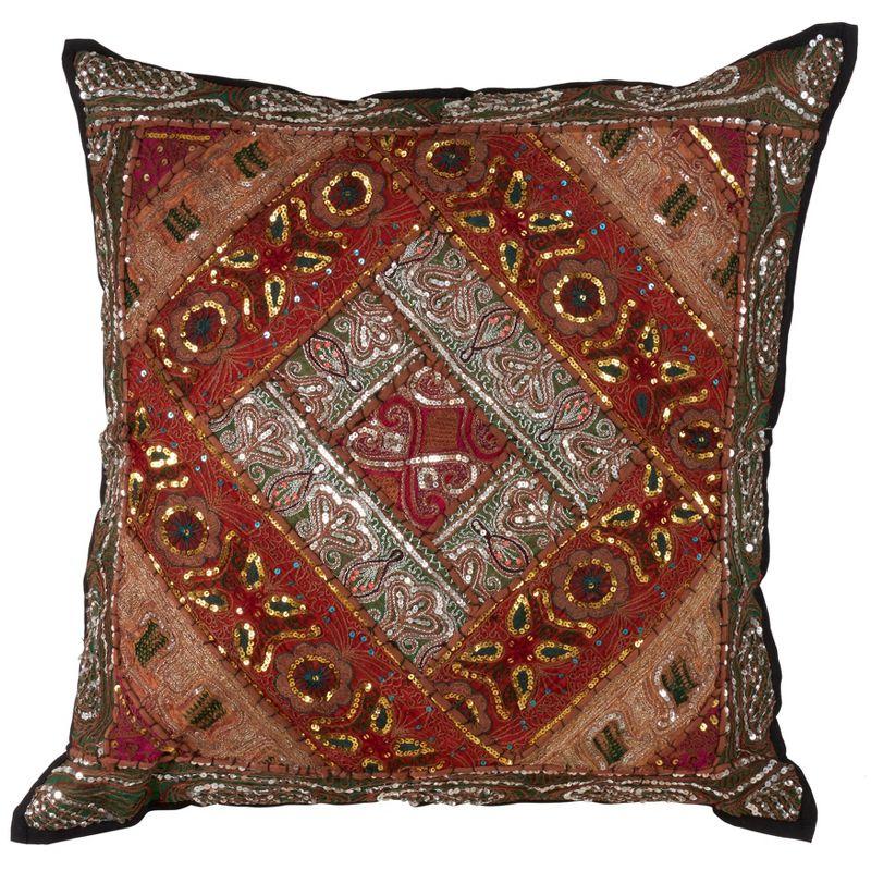 Handmade Sari Sitara Pillow with Beaded Detail, 27" Square