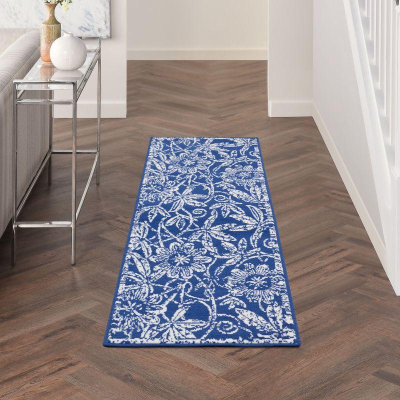 Navy Floral Synthetic Runner Rug, 2 ft x 8 ft