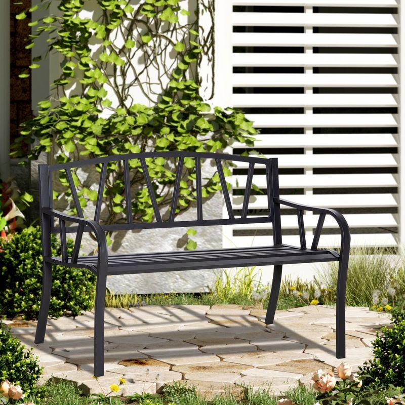 Outsunny Metal Garden Bench, Black Outdoor Bench for 2 People, Park-Style Patio Seating Decor with Armrests & Backrest, Black