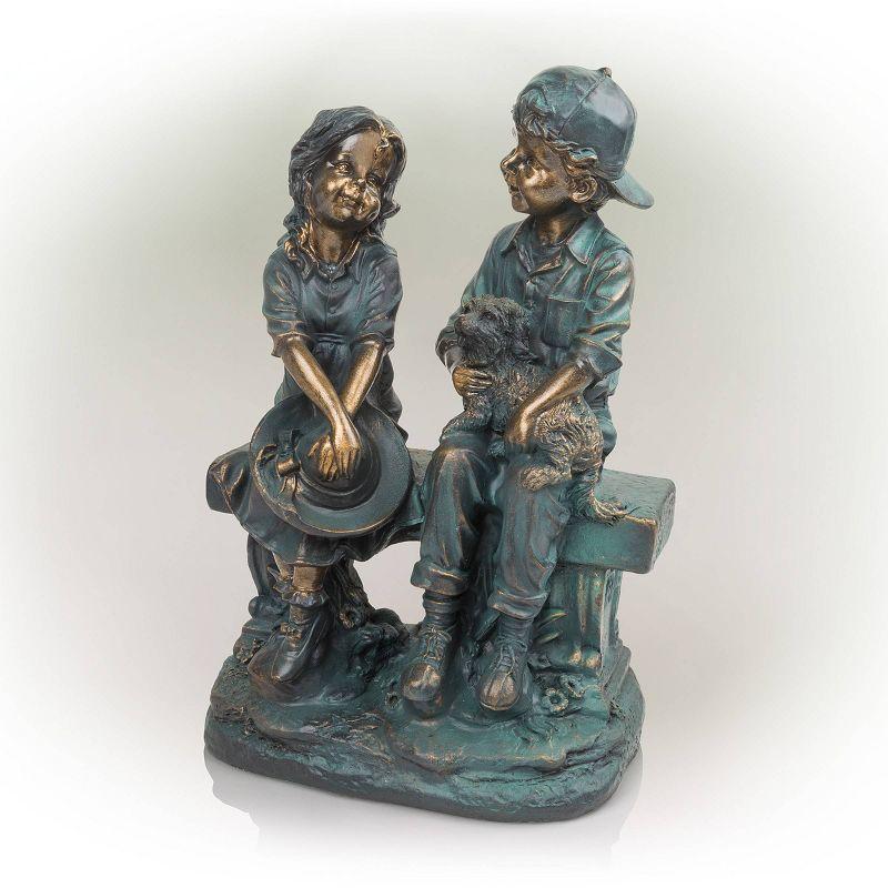 Alpine Corporation 16" Polyresin Girl and Boy with Dog Sitting on Bench Sculpture Bronze: Durable Outdoor Decor, Magnesium Oxide, Rust-Resistant