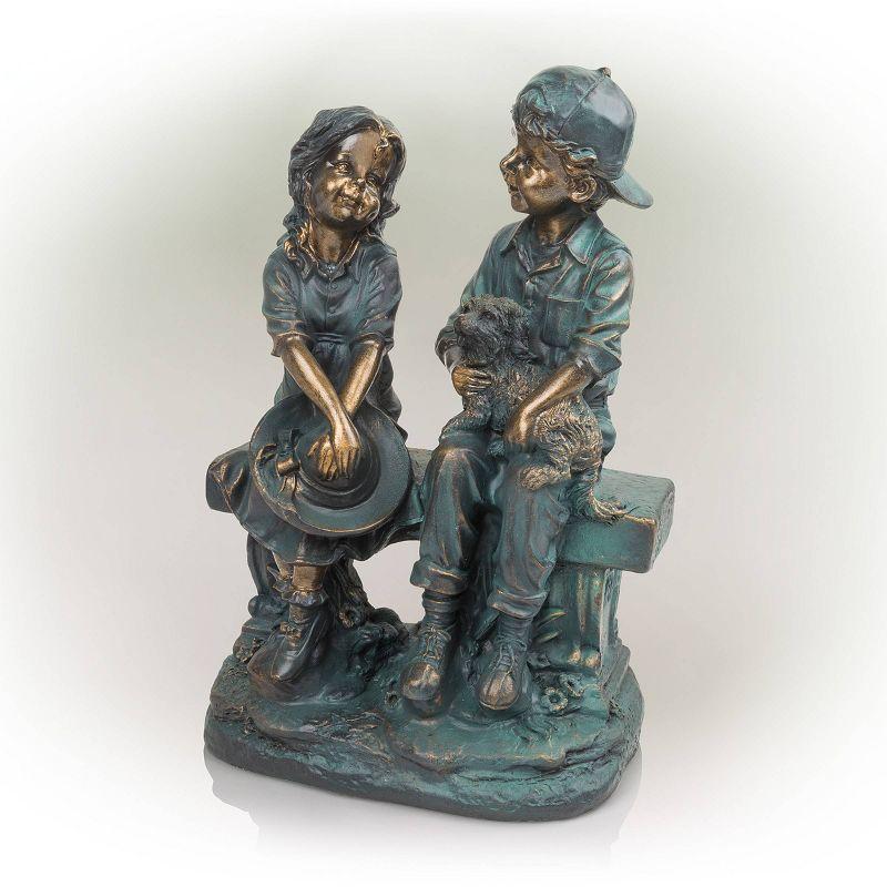 16" Polyresin Girl and Boy with Dog Sitting on Bench Sculpture Bronze - Alpine Corporation