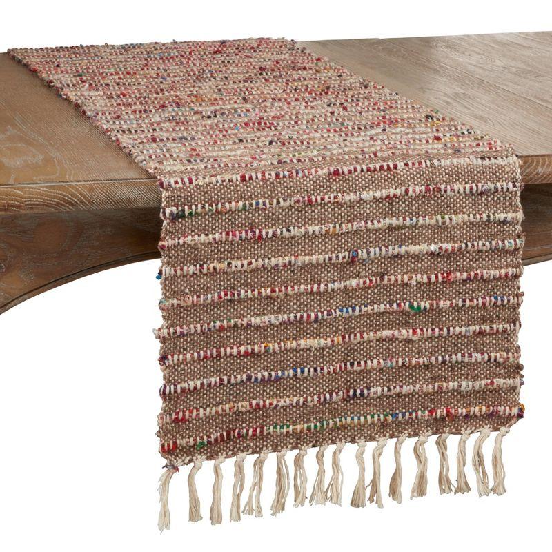 Beige and Multicolor Cotton Table Runner with Fringe