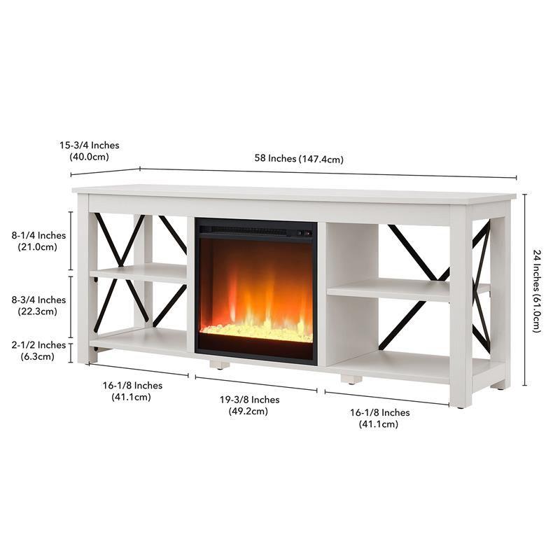 White Rectangular TV Stand with Crystal Fireplace Insert