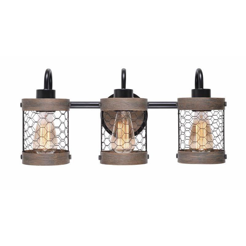 Co-t Kenroy Home Industrial Farmhouse 3-Light Bath Vanity Fixture With Chicken Wire Mesh Shades & Distressed Wood Accents