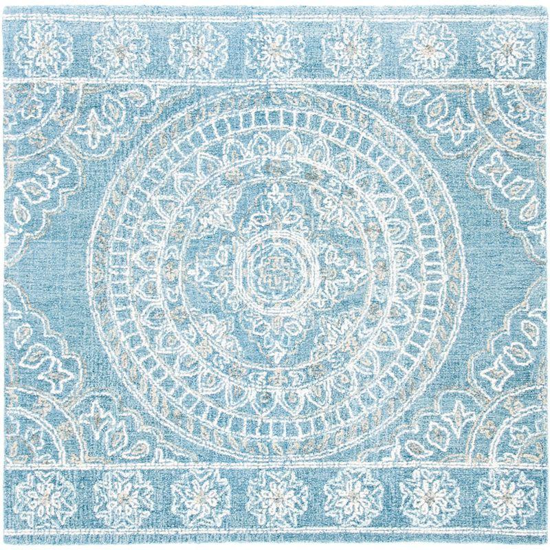 Ivory and Blue Floral Handmade Wool Square Rug